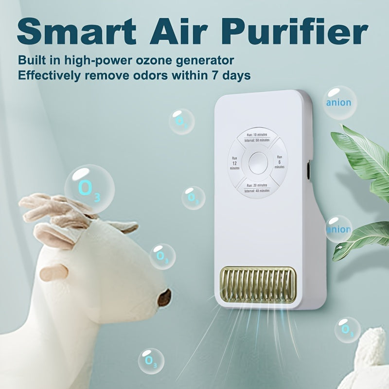 Small pet-friendly air purifier with USB power supply, ideal for cat litter boxes and dog kennels, made of plastic, low voltage operation, FreshBreeze technology.