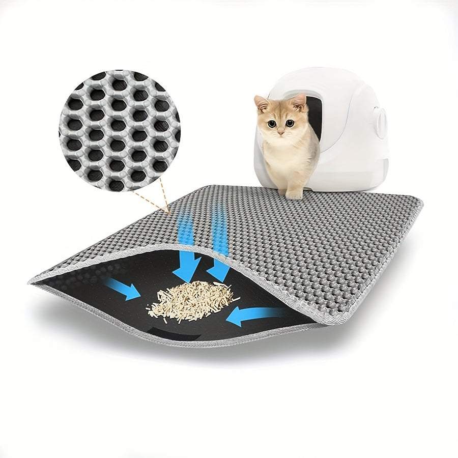 Gray double-layer cat litter mat prevents litter from being carried out or splashed. It is washable and helps control litter mess.