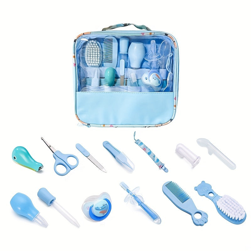 Get the UNICHERRY 13-piece Care Kit in Pink or Blue for portable grooming and safety on-the-go. Includes Nasal Aspirator, Tongue Cleaner - Ideal for Showers.