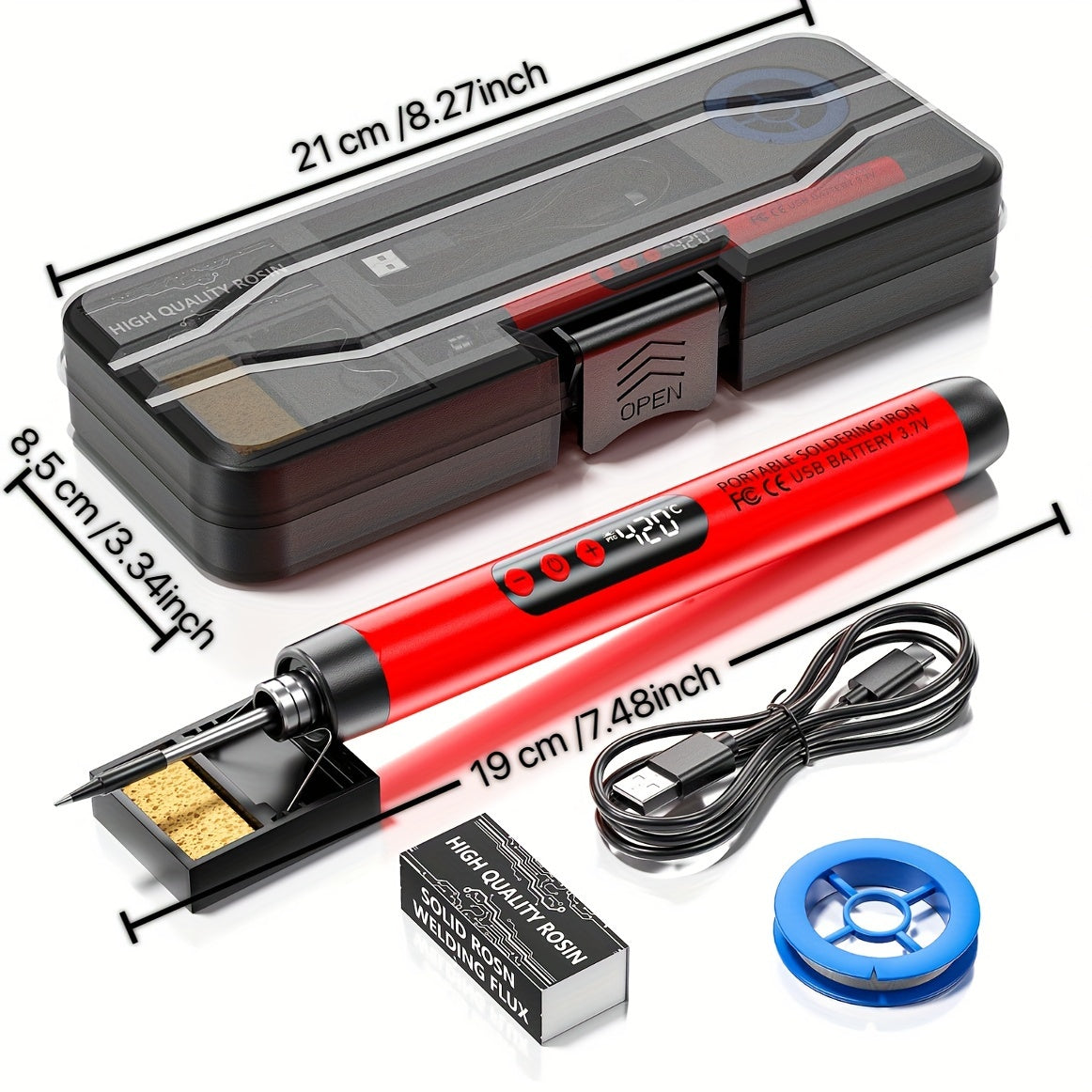 Portable USB soldering iron with adjustable temperature, LCD display, and rechargeable battery. No assembly needed. Includes storage box. Ideal for home DIY projects. Available in red