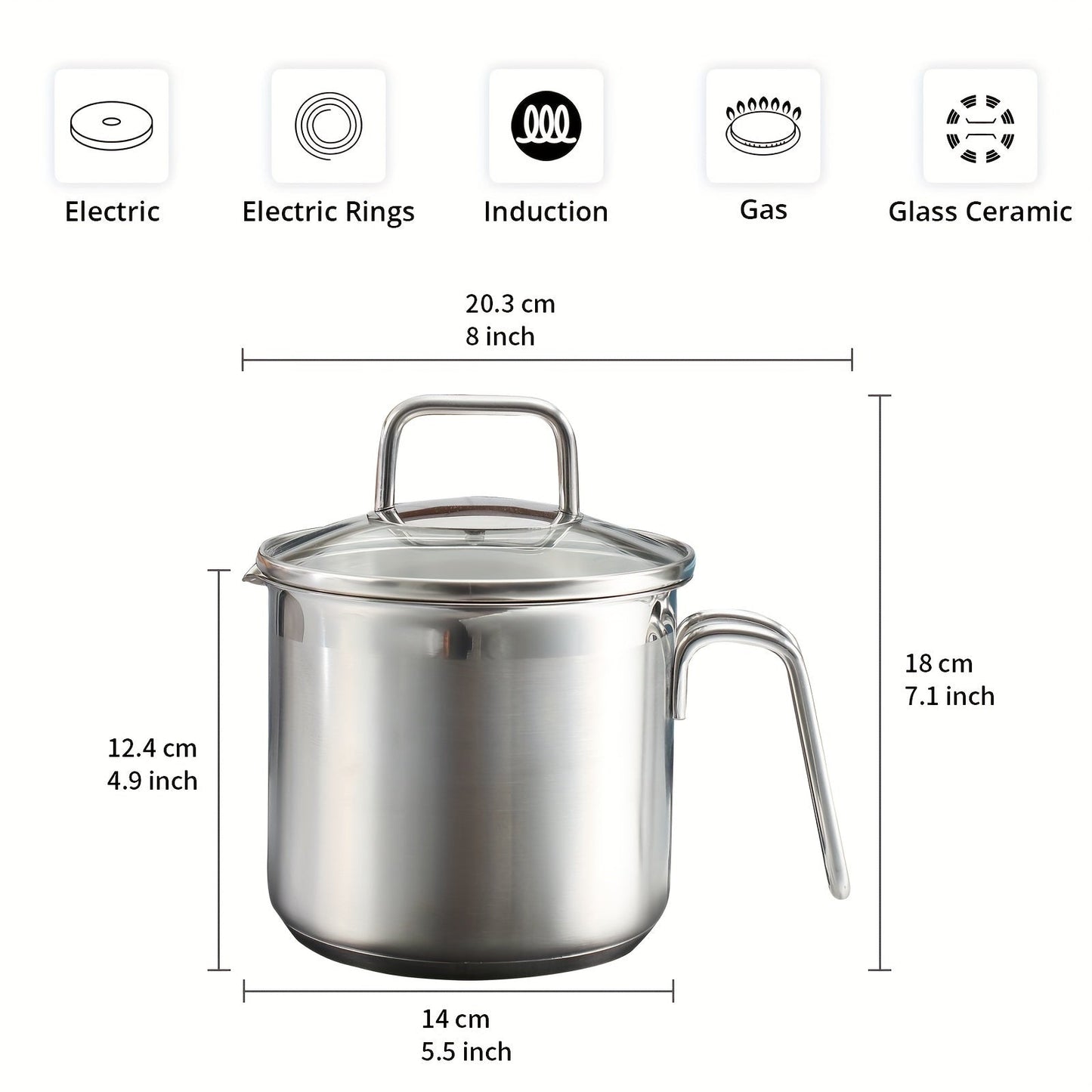 A 1.9L Kitchen Saucepan with Glass Lid, Ideal for Gas, Electric, and Glass Ceramic Cooktops - Features Measurement Marks, Pour Spout, and Induction Compatibility. Made from Stainless Steel.