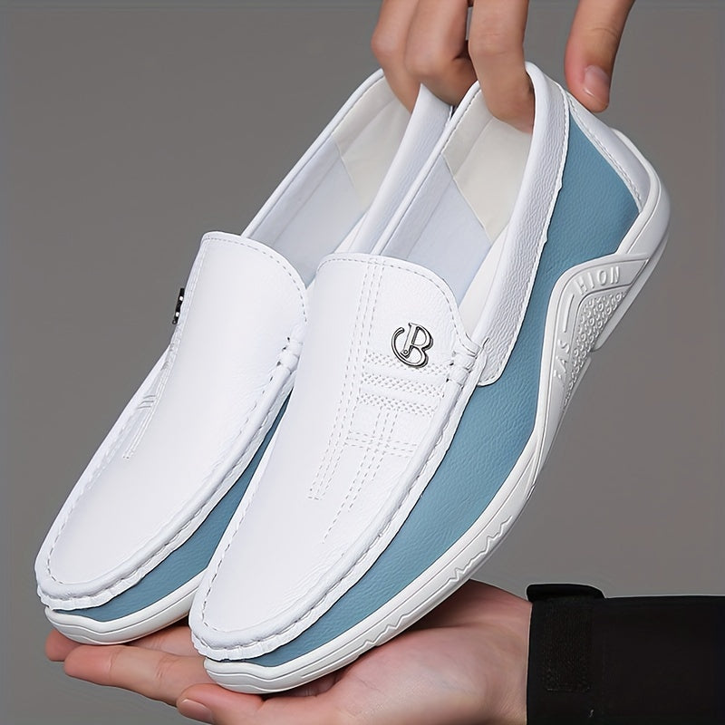 Men's trendy color block slip-on loafers with microfiber upper and durable non-slip rubber sole, perfect for daily wear.