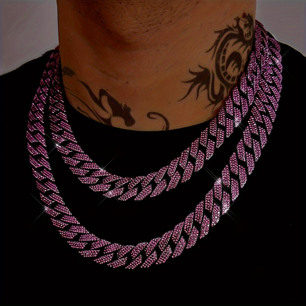 Icy 3-Row Rhinestone Cuban Link Chain Necklace for Men - Edgy Hip Hop Fashion, Made of Zinc Alloy, Ideal for Party Wear