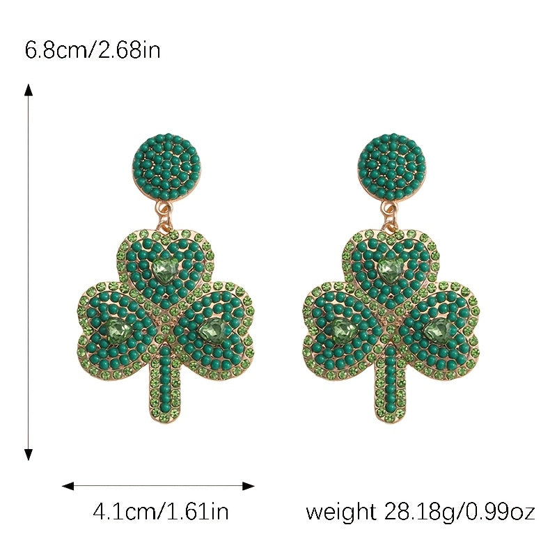 Celebrate St. Patrick's Day in style with these stunning Green Clover earrings adorned with handcrafted beaded rhinestones. Perfect for an Irish festival, this unique jewelry gift for women is made from high-quality Zinc Alloy and Stainless Steel in a