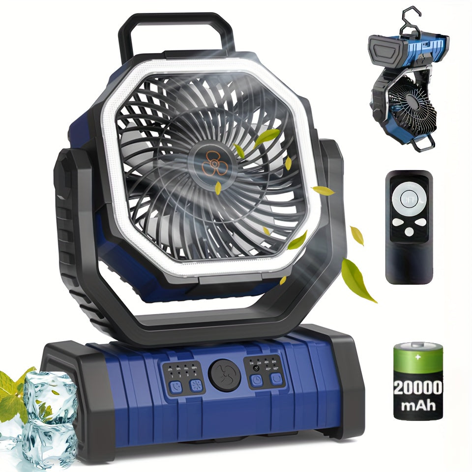 Rechargeable Indoor/Outdoor USB Fan with Remote Control, 20000mAh Battery, LED Light, Dual Usage for Camping Tent, ABS Material, 180° Swivel, Lithium Battery, Key Control, Ideal for Home and Kitchen Cooling/Heating