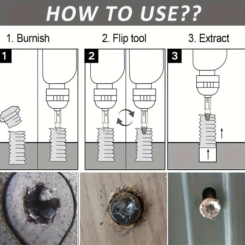 10-piece screw extractor set for damaged screws, bolts, and studs, made of alloy steel.