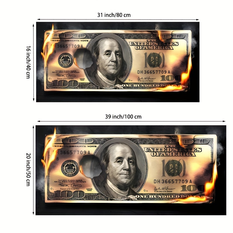 Flame Dollar Bill Art on Canvas, Unframed Indoor Decor for Various Spaces - Transverse Orientation