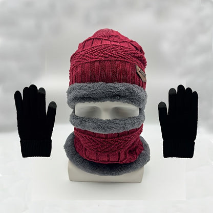 Three-Piece Set of Men's Cozy Knit Hat, Scarf, and Gloves - Featuring Thick Fleece Lining for Warmth. Includes Letter Patch Style Hat, Faux Sheepskin Scarf, and Full Finger Gloves for Winter.