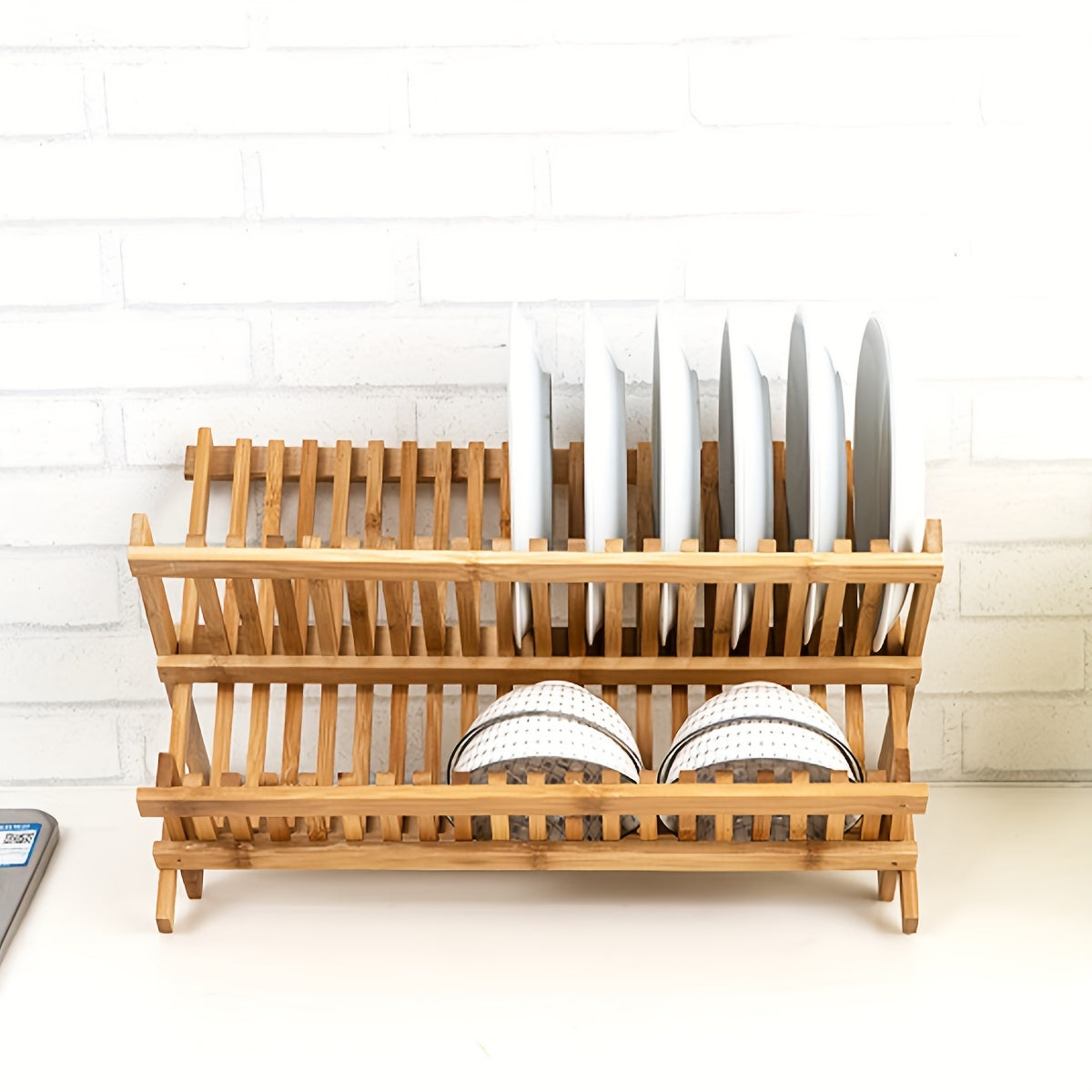 Bamboo Dish Rack with Foldable Design - Kitchen Plate Drying Rack for Dishes and Bowls - Space-Saving Storage (16/20 Grids)