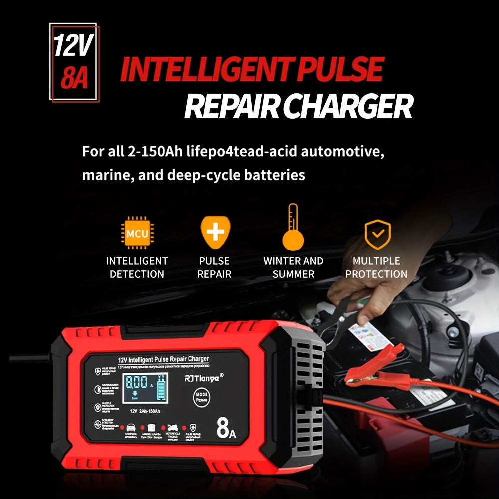 12V 8A Smart Pulse Repair Charger with LCD Display for Vehicles - Intelligent Battery Maintainer for Various Battery Types - Automatic Mode, Overheat & Overcharge Protection, Stylish Red &