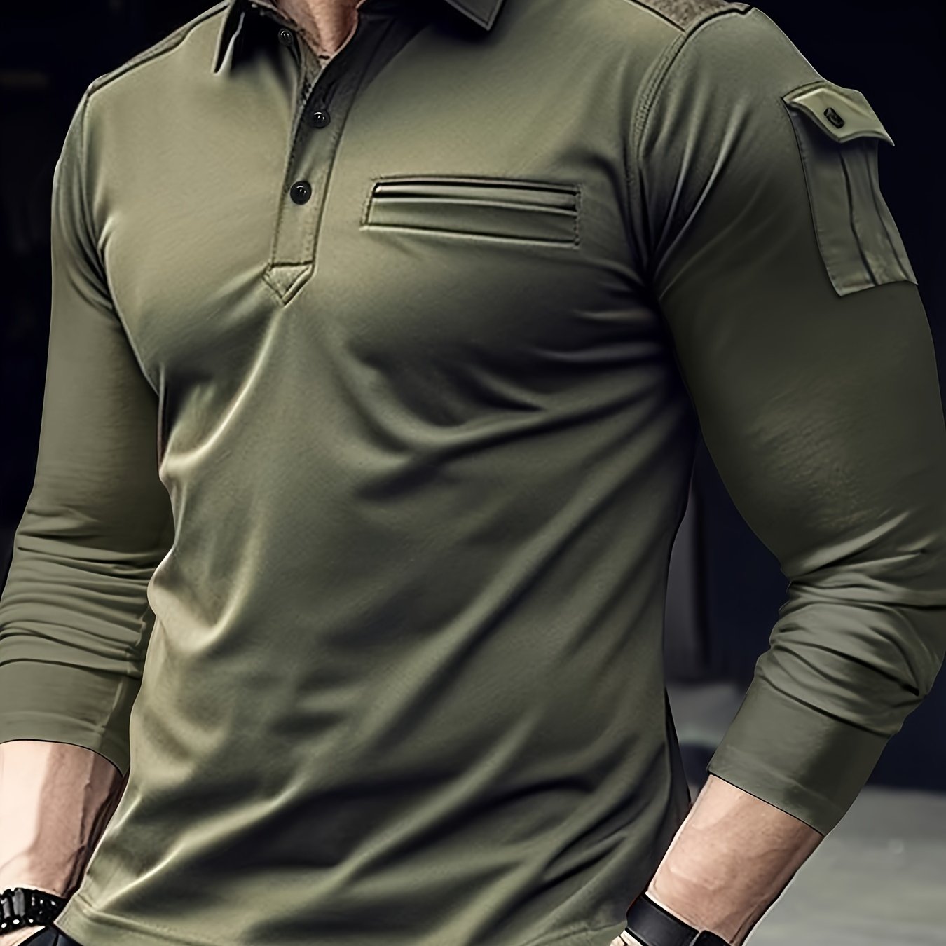 Long-sleeve men's casual shirt with arm pockets and shoulder patches, perfect for outdoor sports in the Fall/Winter Collection.