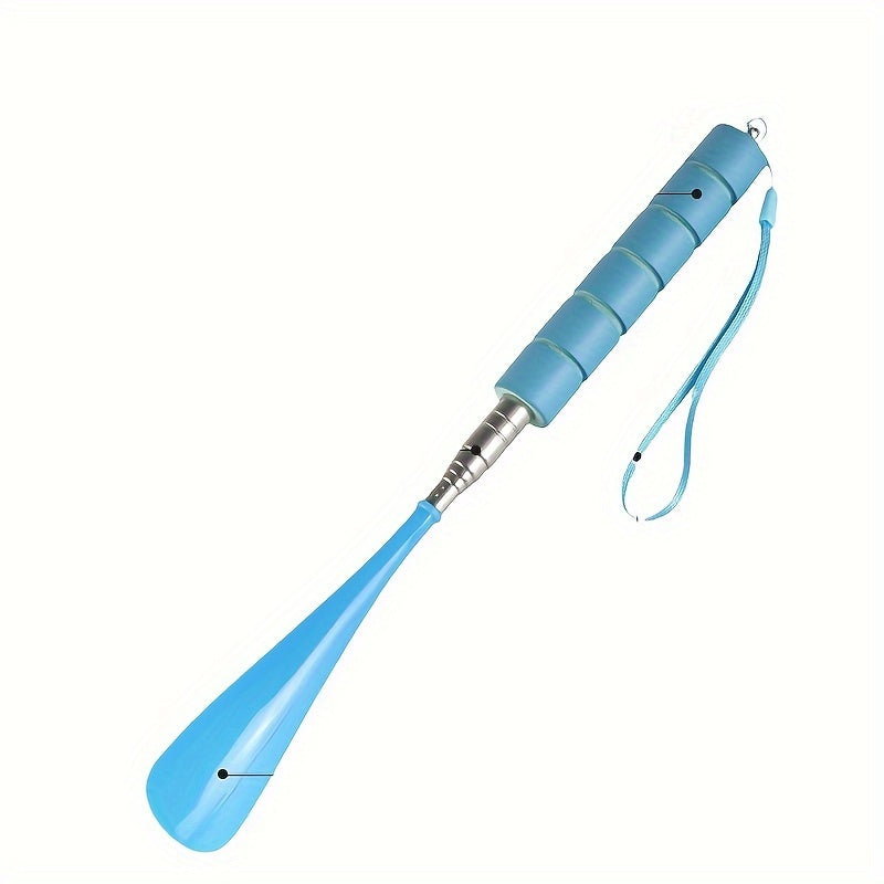 Telescopic stainless steel shoe horn with non-slip grip and adjustable length for easy footwear assistance on the go.