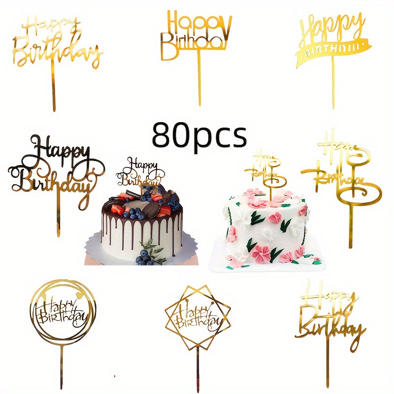 80-Piece Golden Acrylic Happy Birthday Cake Toppers Set - Plastic Cake Decorating Supplies with Glitter for all Occasions.