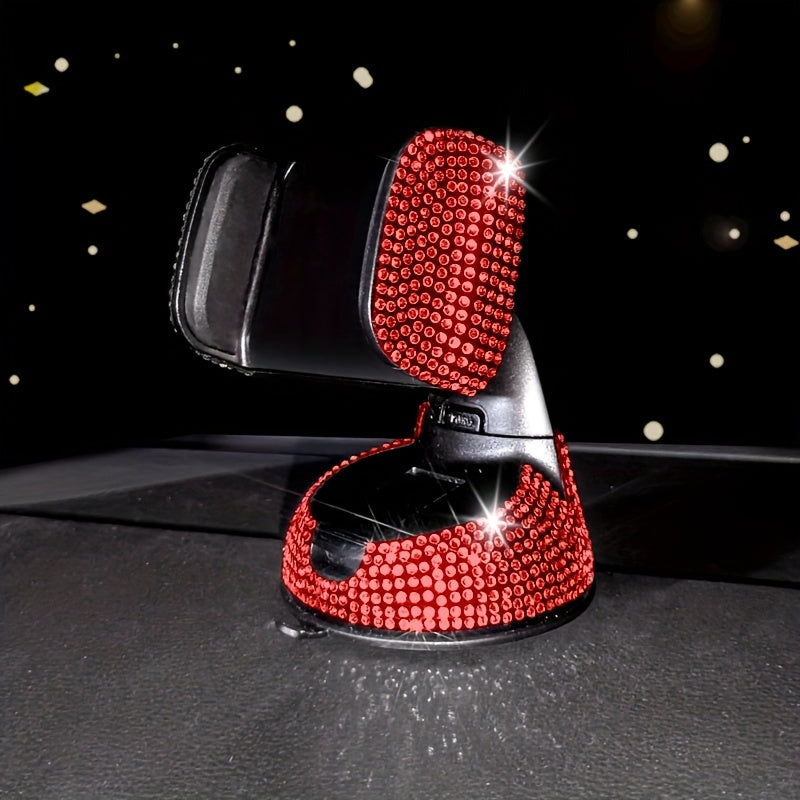 Luxury Rhinestone-Encrusted Car Phone Holder with Sparkling Crystals, Multi-Functional, Rotating Suction Cup Mount for Dashboard & Air Vent in Various Vehicles.