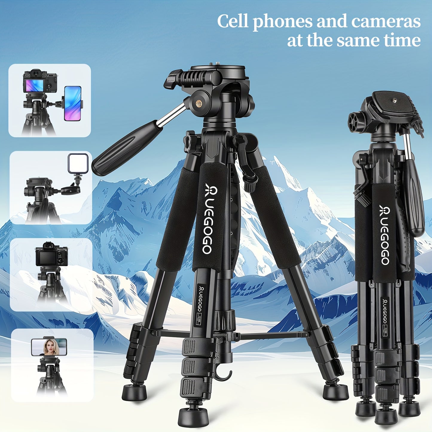 60-inch UEGOGO Aluminum Tripod with 360-Degree Rotating Ball Head for Cameras and Smartphones, Perfect for Photography, Video, Projection, and Live Streaming - Black