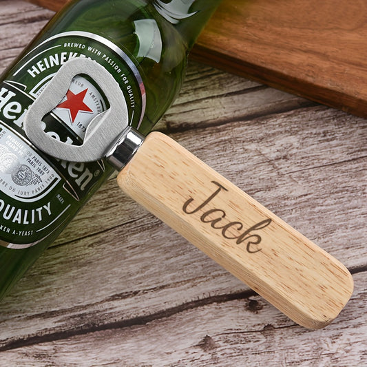 Engraved wooden handle bottle opener with stainless steel keychain - perfect for holidays and everyday use.