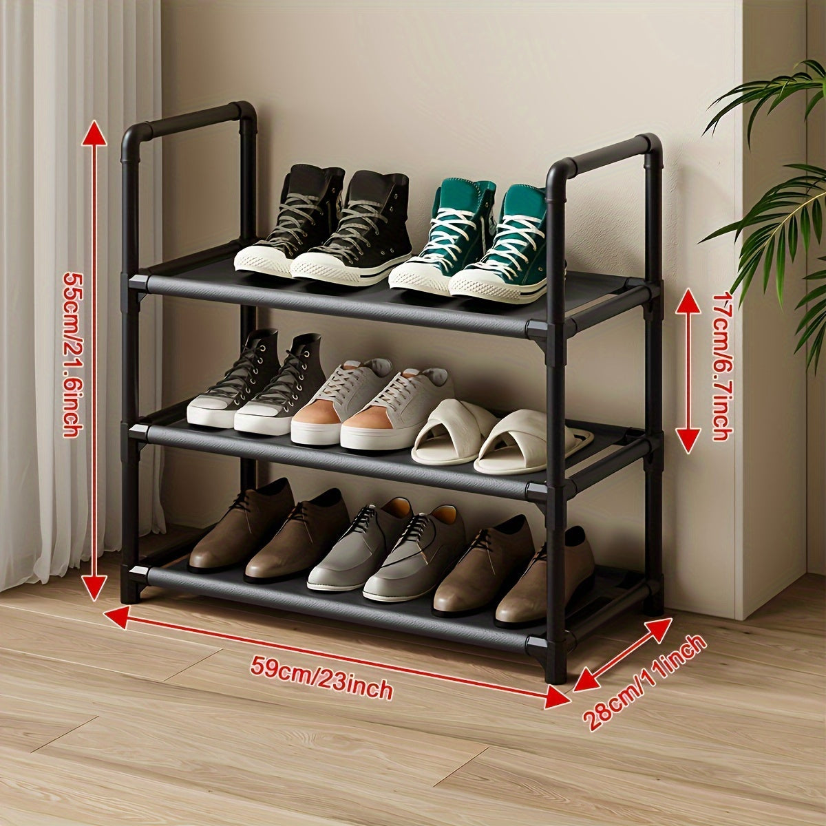 Space-saving under bed shoe rack with adjustable metal organizer in a black color. This stackable design is perfect for bedrooms and hallways. It measures 28cm wide by 58cm high and can hold 1 pair of shoes.