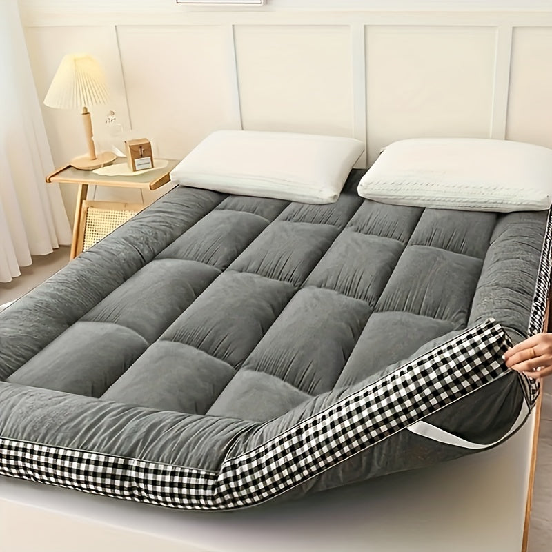 Soft and luxurious plaid mattress topper, perfect for all-season comfort in your bedroom, guest room, or dorm. Breathable and fluffy for a cozy autumn and winter sleep essential.