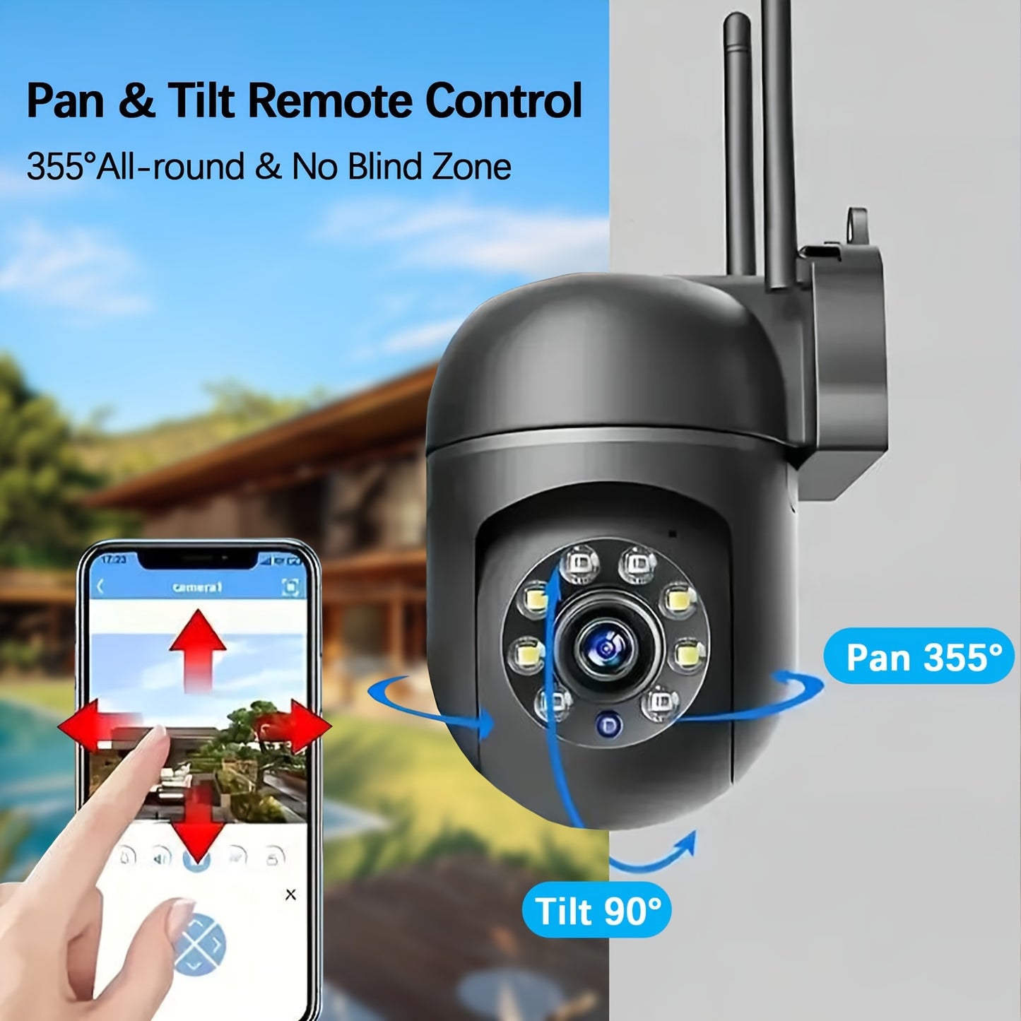 WiFi security camera with HD 1080P, night vision, app control, two-way audio, motion alerts, and 355° panoramic views. USB powered for indoor use.