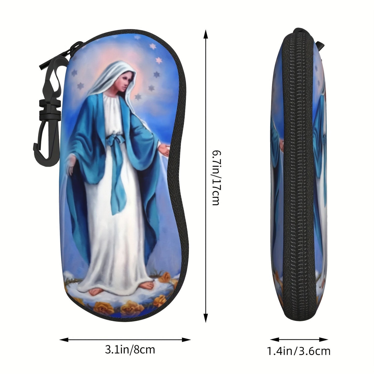 Virgin Mary Our Lady of Fatima Print Eyeglass Case with Keychain, Waterproof Sunglass & Reading Glasses Pouch, Neoprene Soft Accessory, Lightweight and Unisex - 1 Pack