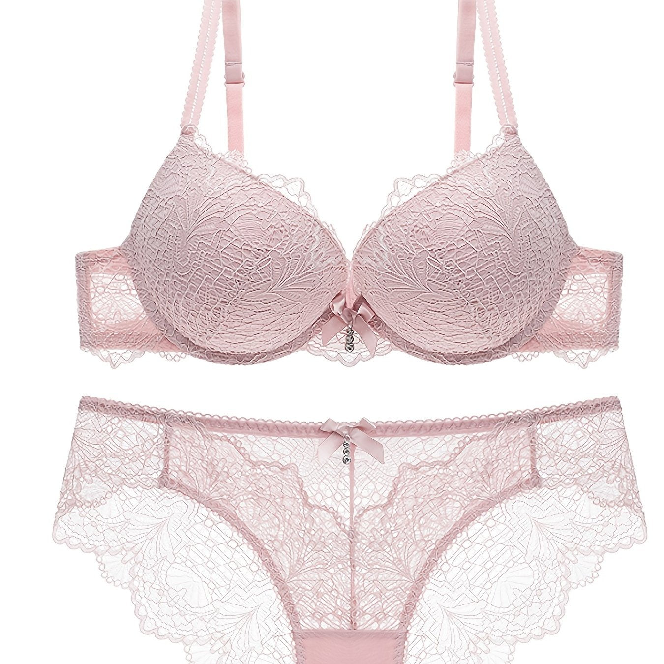 Floral lace lingerie set featuring a sexy push-up lace bra and bow tie panties for women.