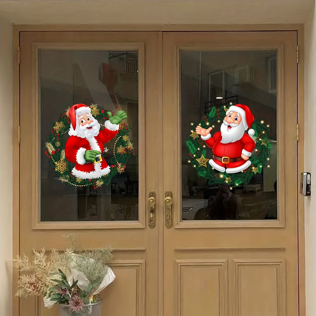 Two pieces of Christmas glass window stickers featuring Santa Claus patterns. These window clings are perfect for decorating bedrooms, living rooms, homes, shopping malls, and can be easily removed.