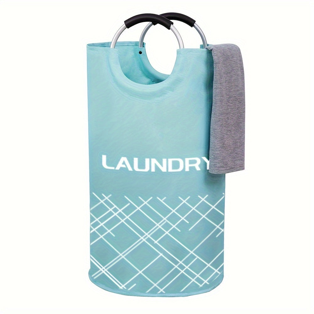 Large Capacity Laundry Basket with Waterproof Fabric and Foam-Protected Aluminum Handles, perfect for Dorm, Family, and Travel. Collapsible, Folding, and Tall Clothes Organizer in Casual Style Round Shape. Laundry Basket is 1 pc and has a capacity of