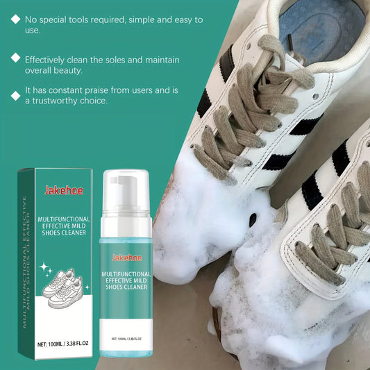 The Jakehoe Multi-Functional Shoe Foam Cleaner is a 100ml/3.38fl.oz. product that offers quick stain removal without the need for water wash. It brightens and whitens shoes, making it suitable for daily footwear care. The non-residue formula contains