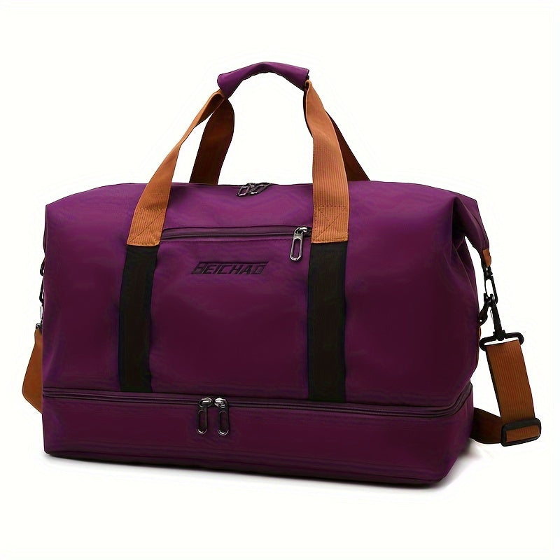 Spacious travel duffel bag with lightweight design, featuring durable zippers. Ideal for yoga, outdoor activities, and training.