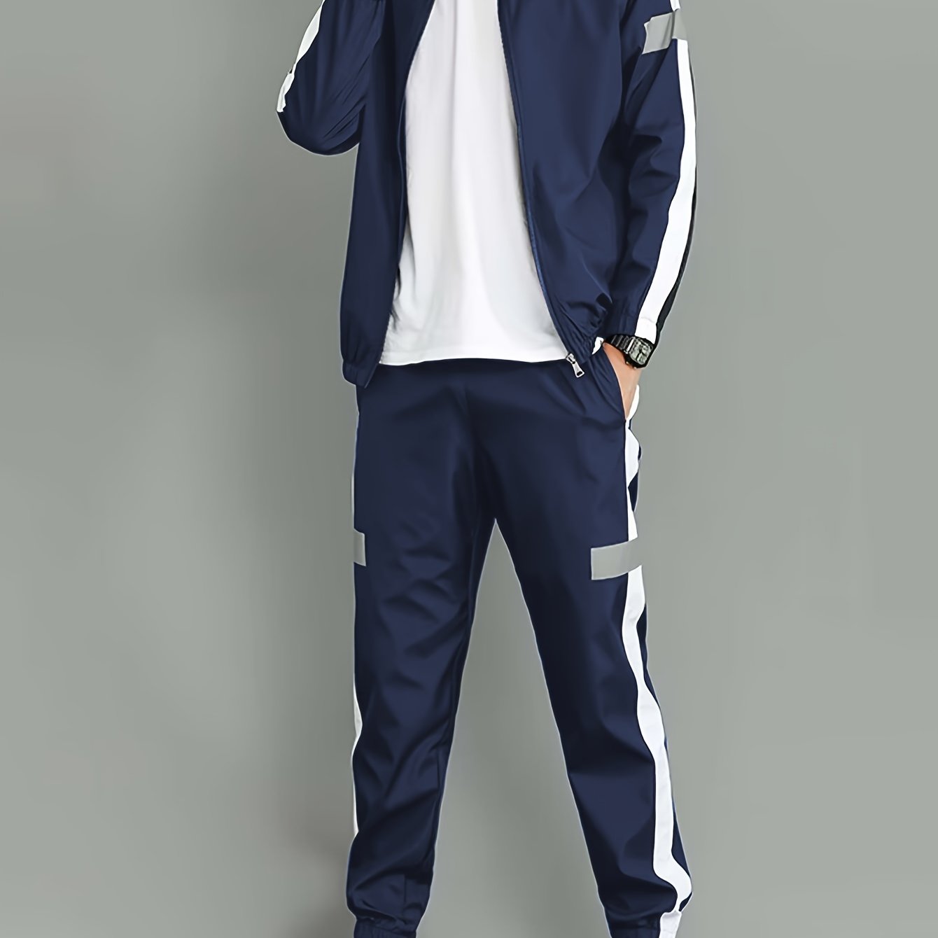 Men's spring and autumn sport suit with colorful collar, includes long sleeve top and pants.