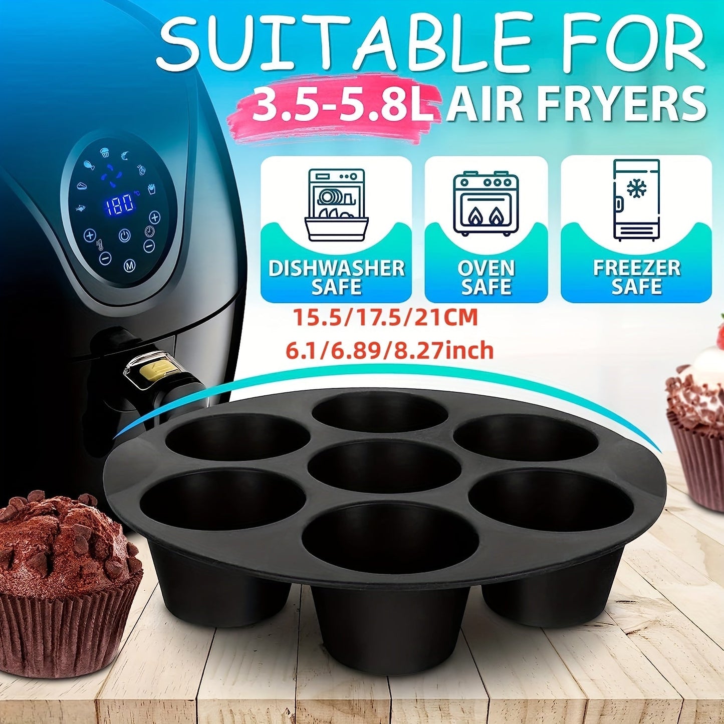 Get your hands on the Air Fryer Muffin Pan, a silicone mini cupcake mold that fits 3.7QT - 6.1QT air fryers. This versatile baking tool is a must-have kitchen gadget for all your baking needs.