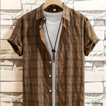 Men's summer casual plaid shirt with short sleeves, lapel collar, and regular fit. Made of 60% polyester, 34% cotton, and 6% rayon non-stretch woven fabric. Suitable for outdoor hiking and