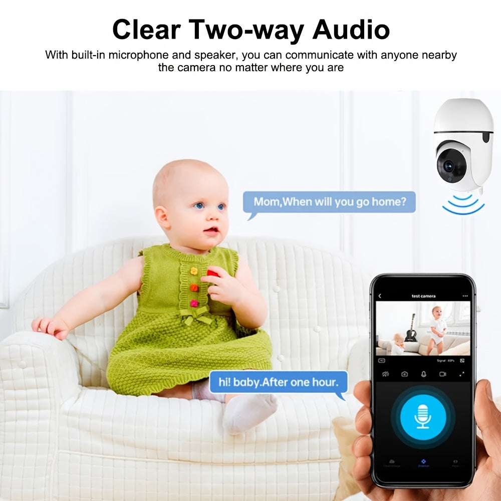 The WJG HD 1080P Wireless Security Camera offers AI Smart Human Tracking, Motion Detection, Alarm Push notifications, PTZ capability, Two-Way Audio communication, for both indoor and outdoor use. It is USB powered and compatible with smartphones.