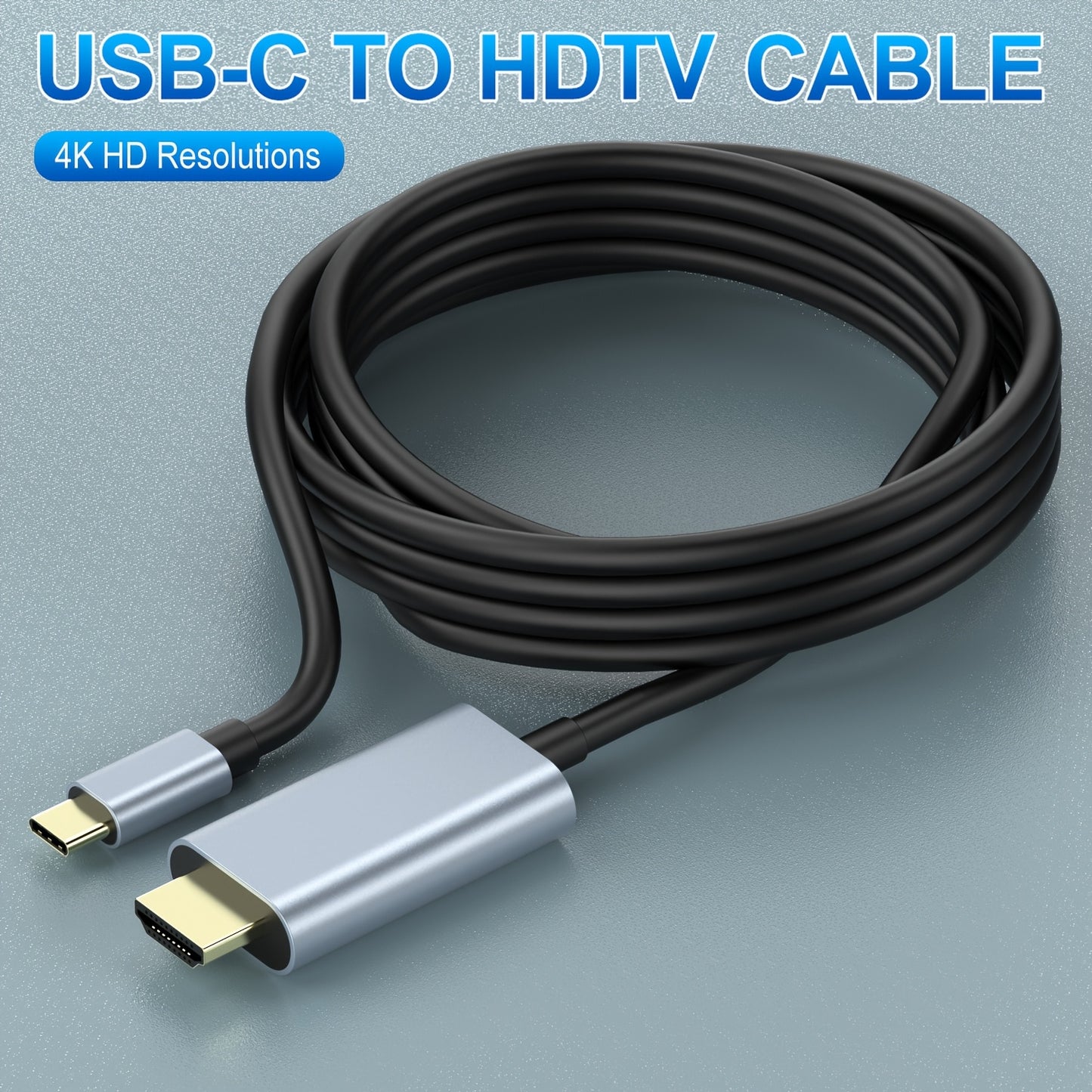 182.88cm USB-C to HDTV Cable for MacBook Air, iPad Pro, Surface, Chromebook, TV Monitor. 4K HD resolution, flat male to male connector, includes Cat5e Ethernet Cable and USB-powered with 5V