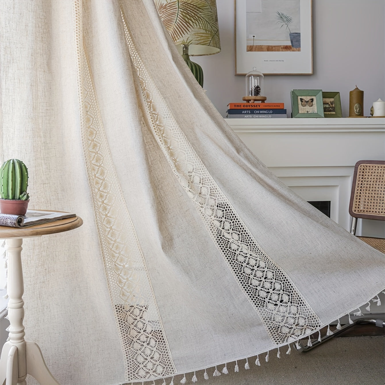 Bohemian Chic Linen Curtain with Geometric Cut-Outs and Tassels - UV Protective, Semi-Transparent Drapery for Various Rooms - Rod Pocket Design, Easy to Hand Wash, Perfect Bedroom Window Treatment in Bohemian Chic Style, Light-filtering Linen Curtains