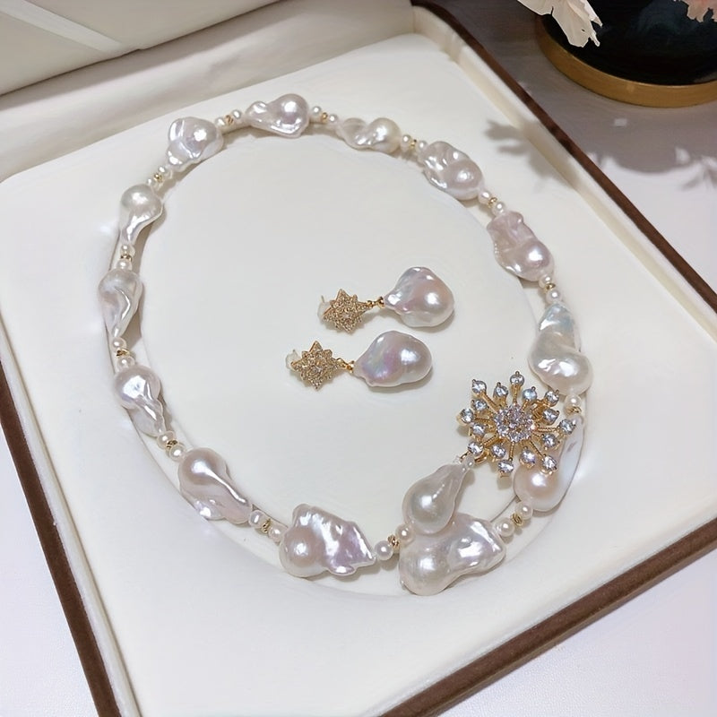 Exquisite Baroque Freshwater Pearl Jewelry Set - Necklace & Earrings featuring Distinctive Shapes, Elegant French-Inspired Design for Special Occasions, Complete with Beautiful Gift Box