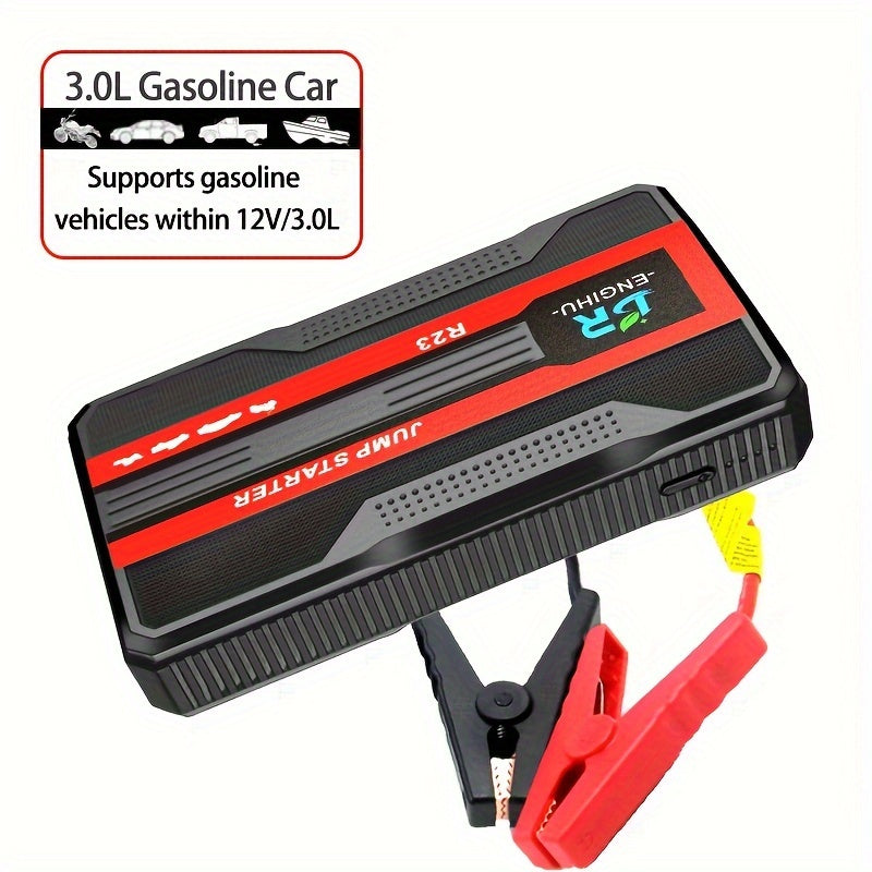 Portable smart start clip car battery booster and power bank starting device for universal 12V car battery jump starting.