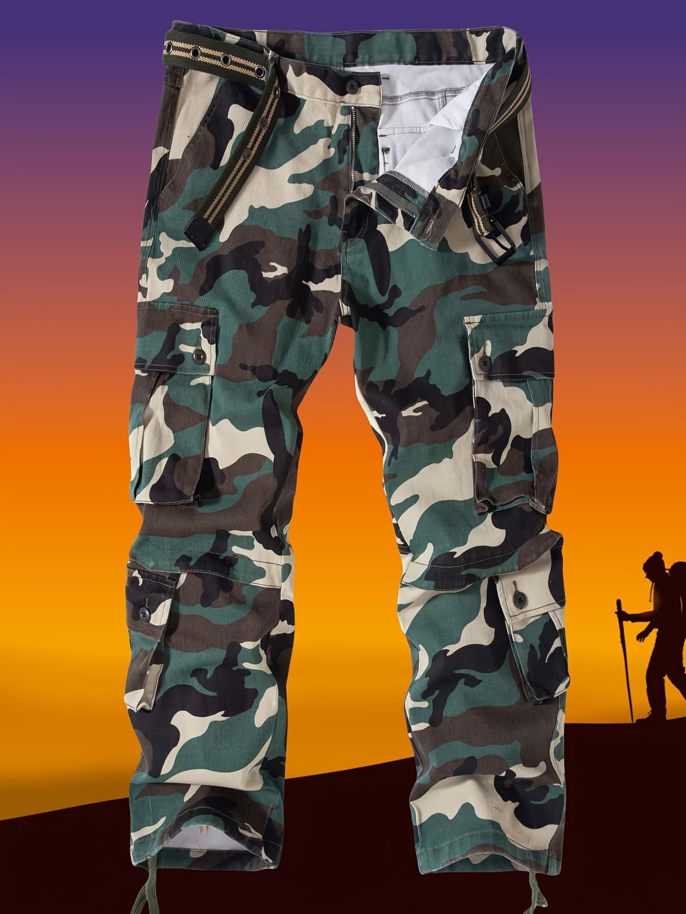 Men's plus size camo cargo pants with multiple pockets in army green camouflage pattern. Perfect for outdoor activities. Features drawstring waistband and loose fit in stretch cotton blend.