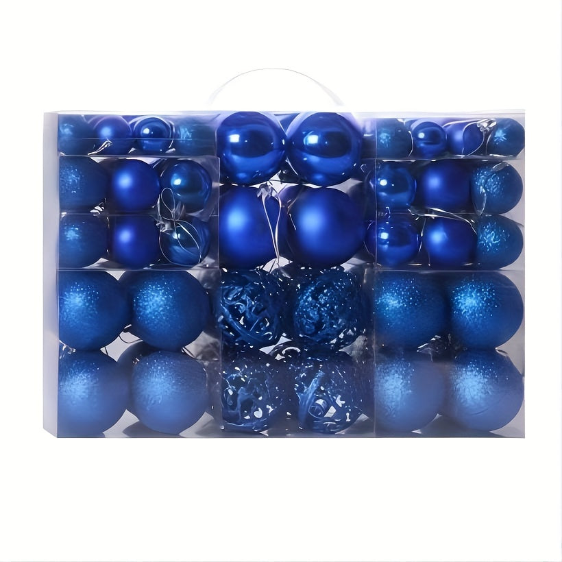 100-piece set of shatterproof plastic Christmas ball ornaments in a hand-held gift box, suitable for holiday decoration. No feathers included.