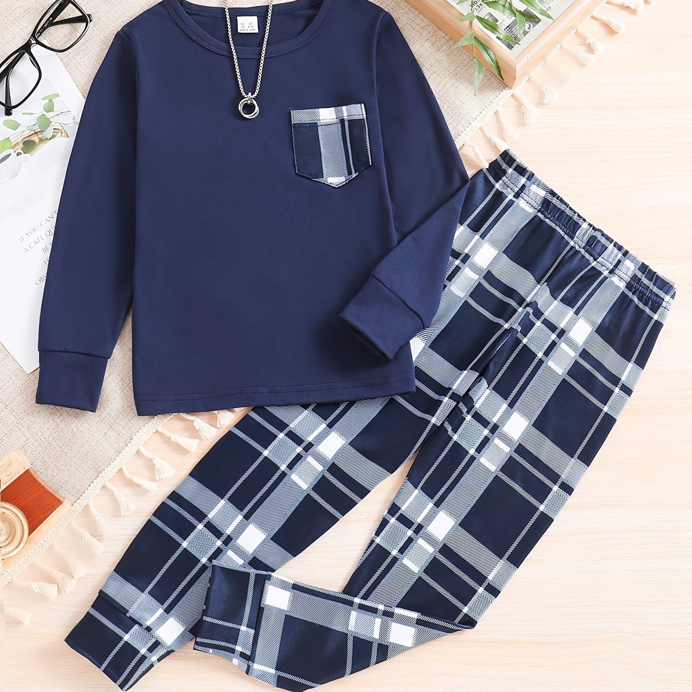 New Boys' Cozy Plaid Pajama Set for Spring/Fall - Long Sleeve Top & Pants, Machine Washable