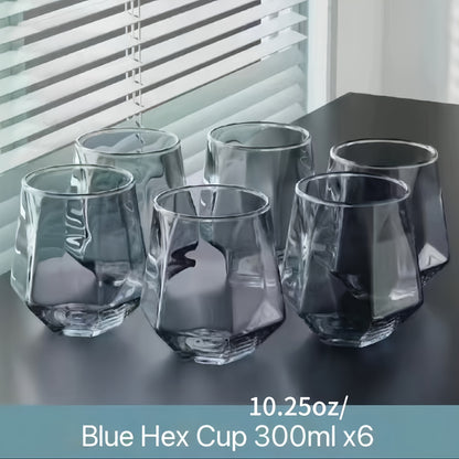 Set of 6 geometric glass cups suitable for water, whisky, juice, milk, tea and more. Perfect for all seasons.