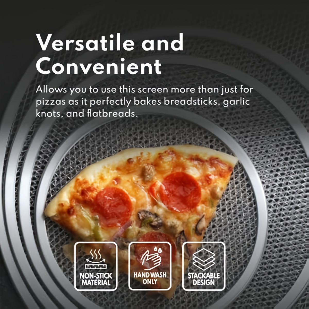 Get the Aluminum Pizza Pan One Pack in sizes 25.4cm, 30.48cm, and 35.56cm. This seamless pizza screen ensures a perfect crust every time!