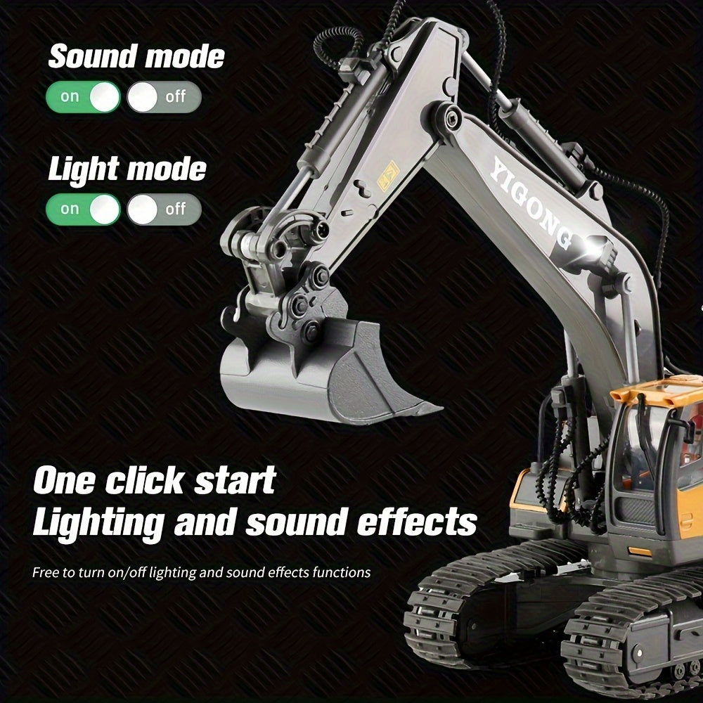 Wireless RC Excavator Toy with Metal Shovel Digger, 11 Channel, USB Rechargeable, Yellow, Lithium Battery.