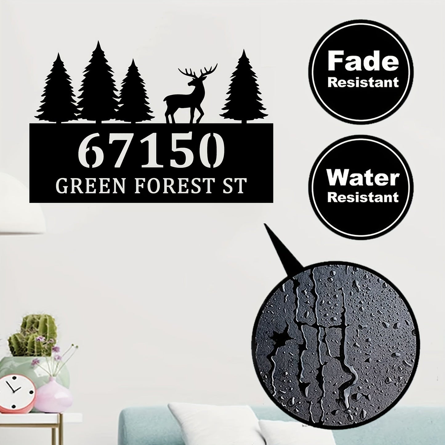 Personalized Metal House Number Sign Featuring Forest and Deer Silhouette - Waterproof Wall Art Decor for Outdoor Entryway, Durable and Stylish for Adults. Made of High-Quality Metal Materials.