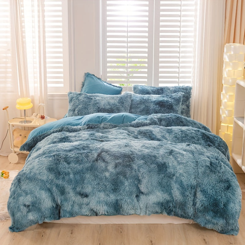 Y2K Tie Dye Plush Duvet Cover Set includes 3 pieces (1 Duvet Cover + 2 Pillowcases), providing soft and warm bedding.