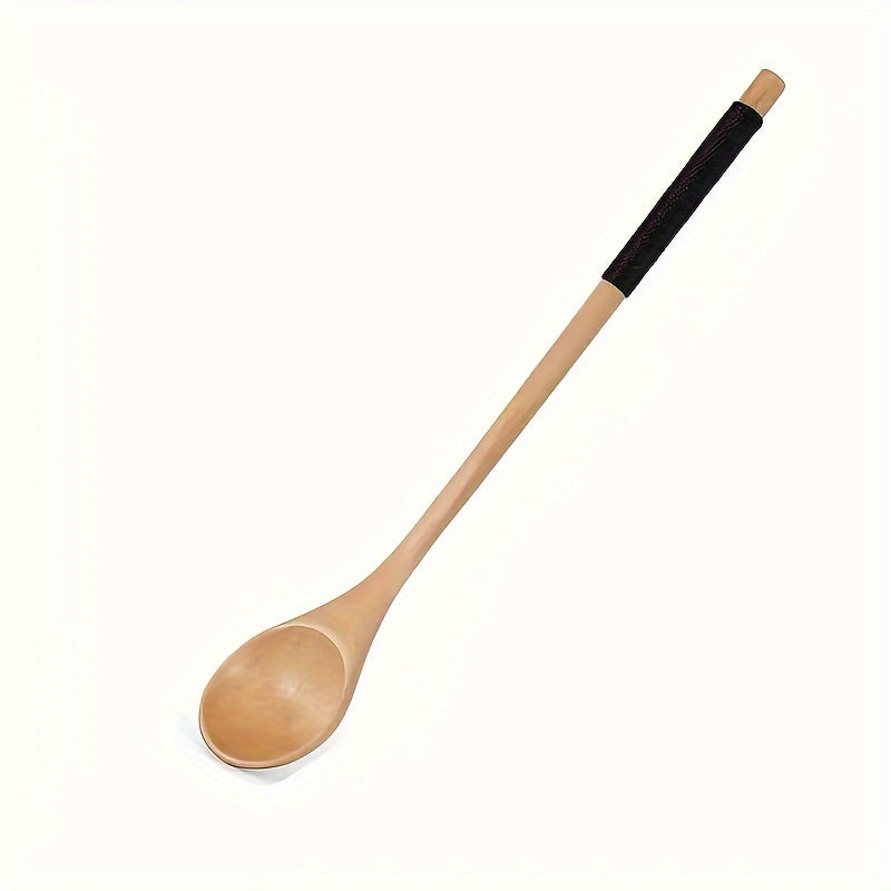 Creative long handle Japanese-style honey stirring spoon with twisted round handle, made from small wooden spoon.