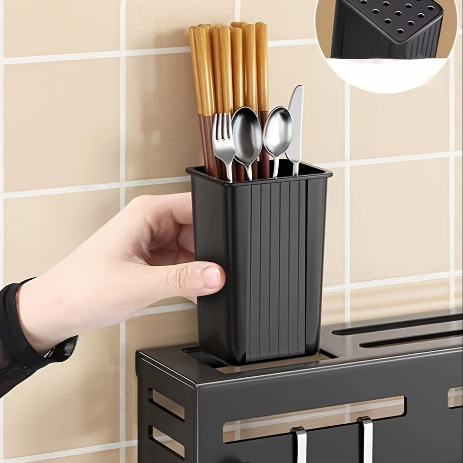 One piece of high-quality carbon steel knife rack designed for modern home kitchen storage. This rack is no-drill wall-mounted and features a multi-functional design with hooks, a towel rod, and a draining utensil caddy.