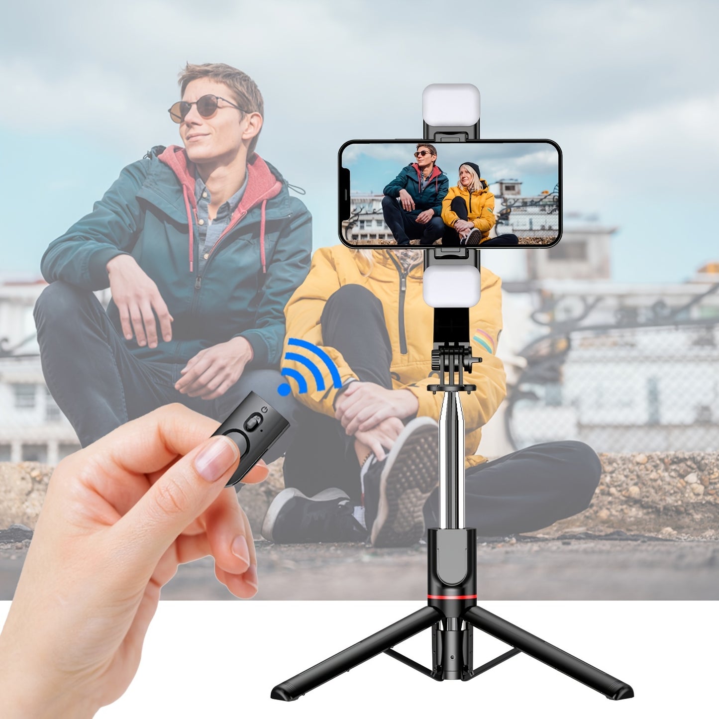 45 inch selfie stick with 2 fill lights, upgraded tripod, detachable remote, and compatibility with iPhone and Android smartphones.