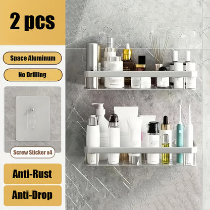 Wall-mounted bathroom shelf, rack, and adhesive shower basket for toiletries, cosmetics, sundries, seasoning bottles, bathroom and kitchen storage.