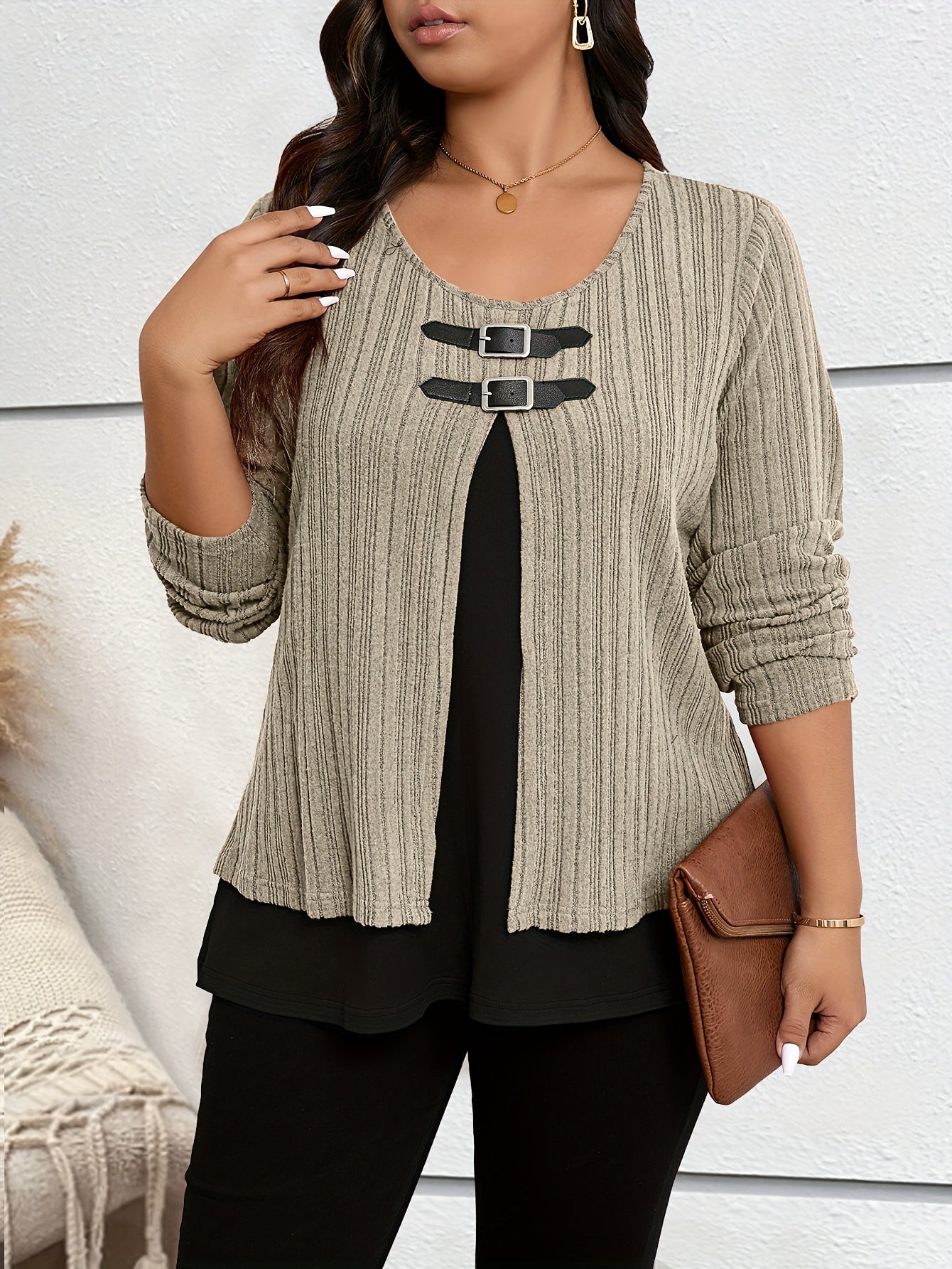 Stylish plus-size women's top with colorblock faux fur detail, stretchy polyester blend, machine washable - ideal for fall/winter seasons.